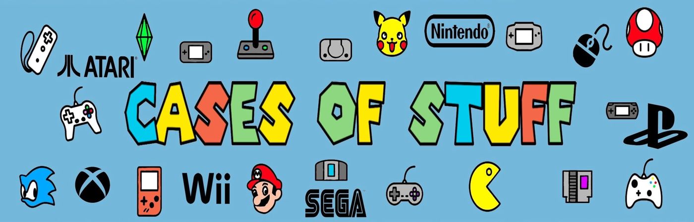 Cases of Stuff — the shop name painted in cyan, yellow, coral and green on a sky-blue wall, surrounded by console and character doodles